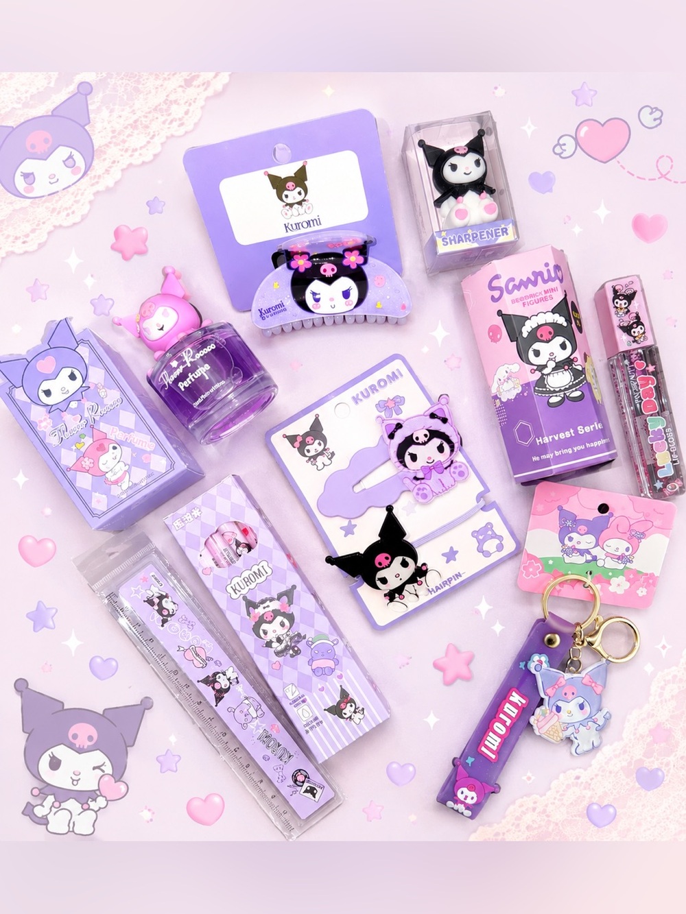 Sanrio Kuromi bundle hipper perfume hair clip ties keychain lip gloss pens gift